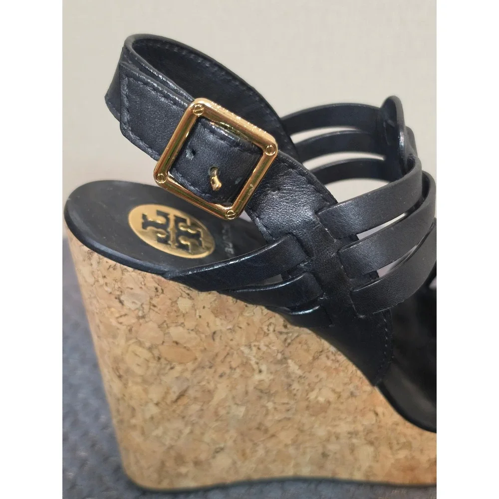 Tory Burch Black Leather Strappy Cork Platform Wedge Sandals Gold Logo 8M